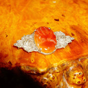 Vintage Art Deco Sterling Silver Carnelian & Pearl Seed Brooch Pin, Carved Orange/Red Carnelian Stone, Ornate Silver Setting, 1 3/4" L