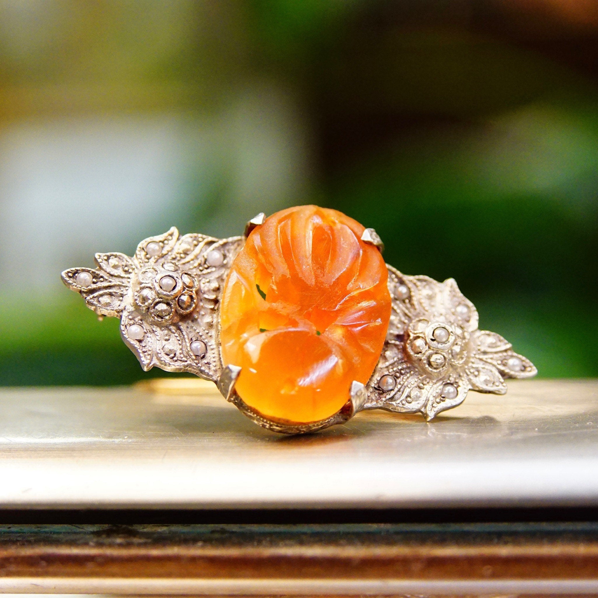 Vintage Art Deco Sterling Silver Carnelian & Pearl Seed Brooch Pin, Carved Orange/Red Carnelian Stone, Ornate Silver Setting, 1 3/4" L