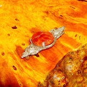 Vintage Art Deco Sterling Silver Carnelian & Pearl Seed Brooch Pin, Carved Orange/Red Carnelian Stone, Ornate Silver Setting, 1 3/4" L