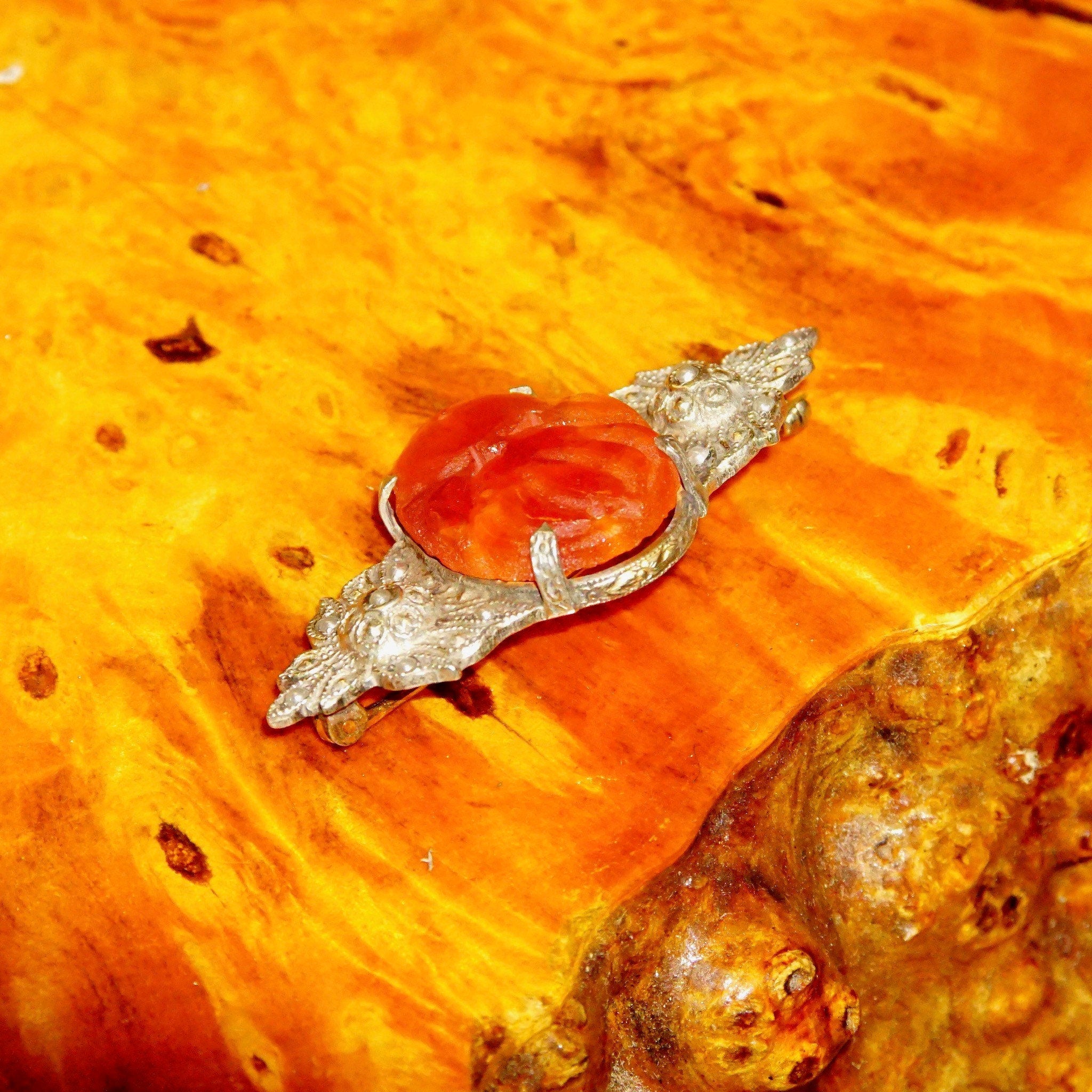 Vintage Art Deco Sterling Silver Carnelian & Pearl Seed Brooch Pin, Carved Orange/Red Carnelian Stone, Ornate Silver Setting, 1 3/4" L