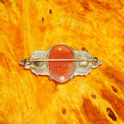 Vintage Art Deco Sterling Silver Carnelian & Pearl Seed Brooch Pin, Carved Orange/Red Carnelian Stone, Ornate Silver Setting, 1 3/4" L