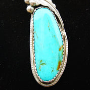 Vintage Signed Native American Sterling Silver Turquoise Pendant, E Sterling, Large Blue Turquoise Stone, Silver Leaf & Berry Design, 2 3/4"