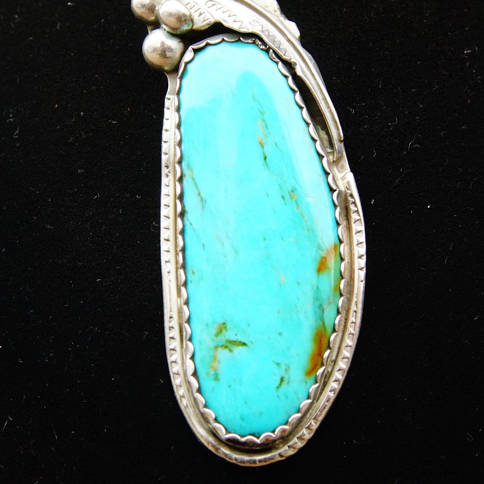 Vintage Signed Native American Sterling Silver Turquoise Pendant, E Sterling, Large Blue Turquoise Stone, Silver Leaf & Berry Design, 2 3/4"