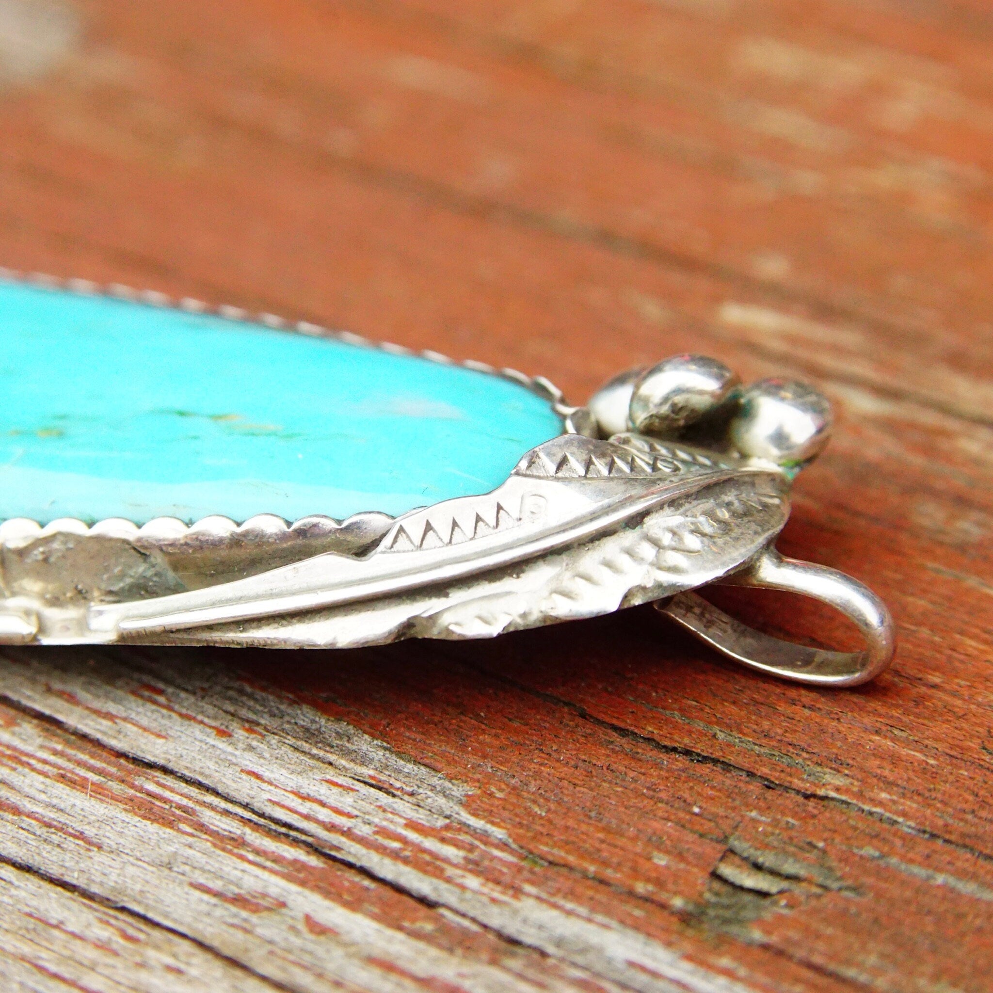 Vintage Signed Native American Sterling Silver Turquoise Pendant, E Sterling, Large Blue Turquoise Stone, Silver Leaf & Berry Design, 2 3/4"