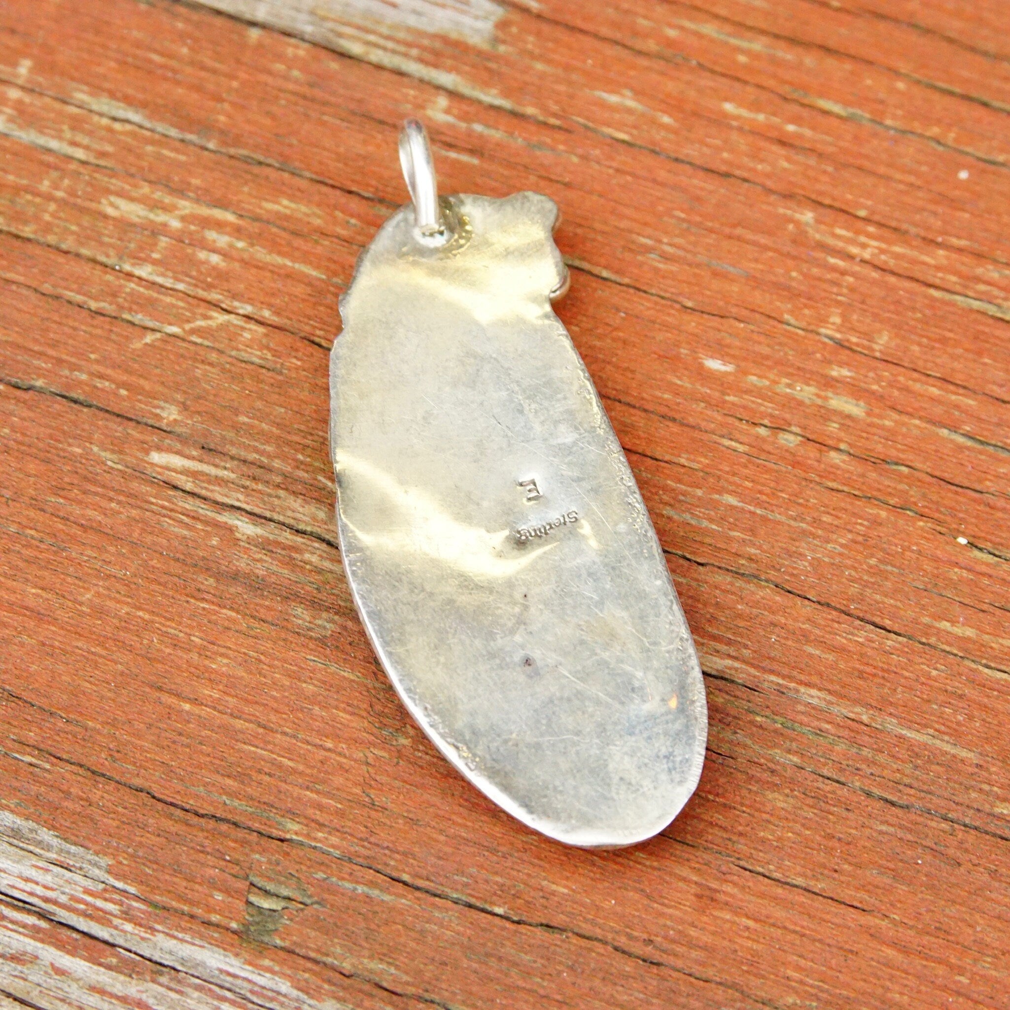 Vintage Signed Native American Sterling Silver Turquoise Pendant, E Sterling, Large Blue Turquoise Stone, Silver Leaf & Berry Design, 2 3/4"
