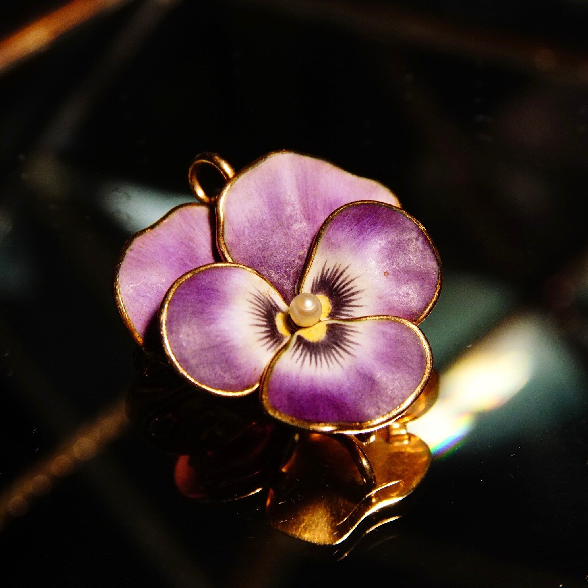 Pendant, Vibrant Purple & Yellow Pansy Flower, Art Nouveau, Victorian, 1 L