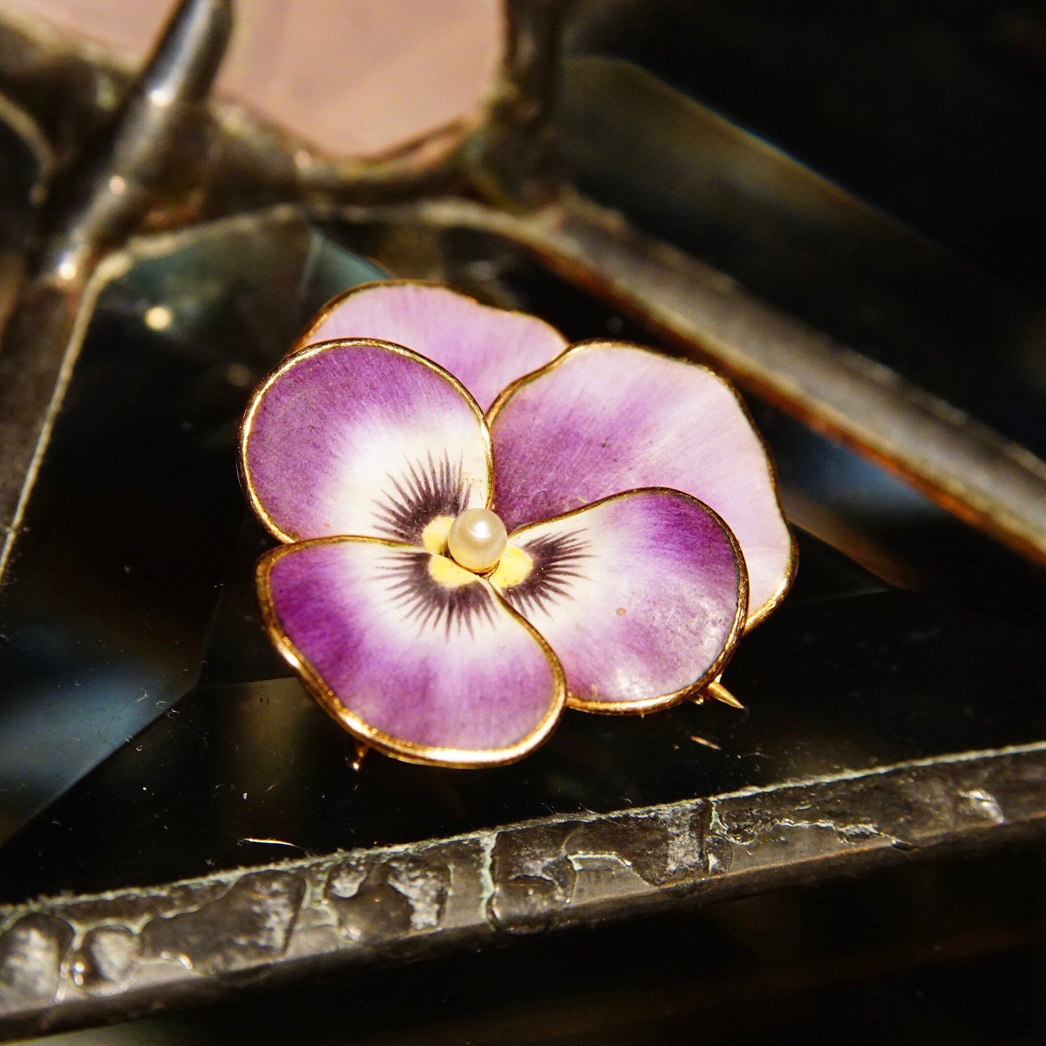Antique 14K Rose Gold Enamel Pearl Seed Flower Brooch/Pendant, Vibrant Purple & Yellow Pansy Flower, Art Nouveau, Victorian, 1 L