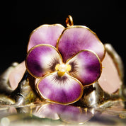 Antique 14K Rose Gold Enamel Pearl Seed Flower Brooch/Pendant, Vibrant Purple & Yellow Pansy Flower, Art Nouveau, Victorian, 1 L