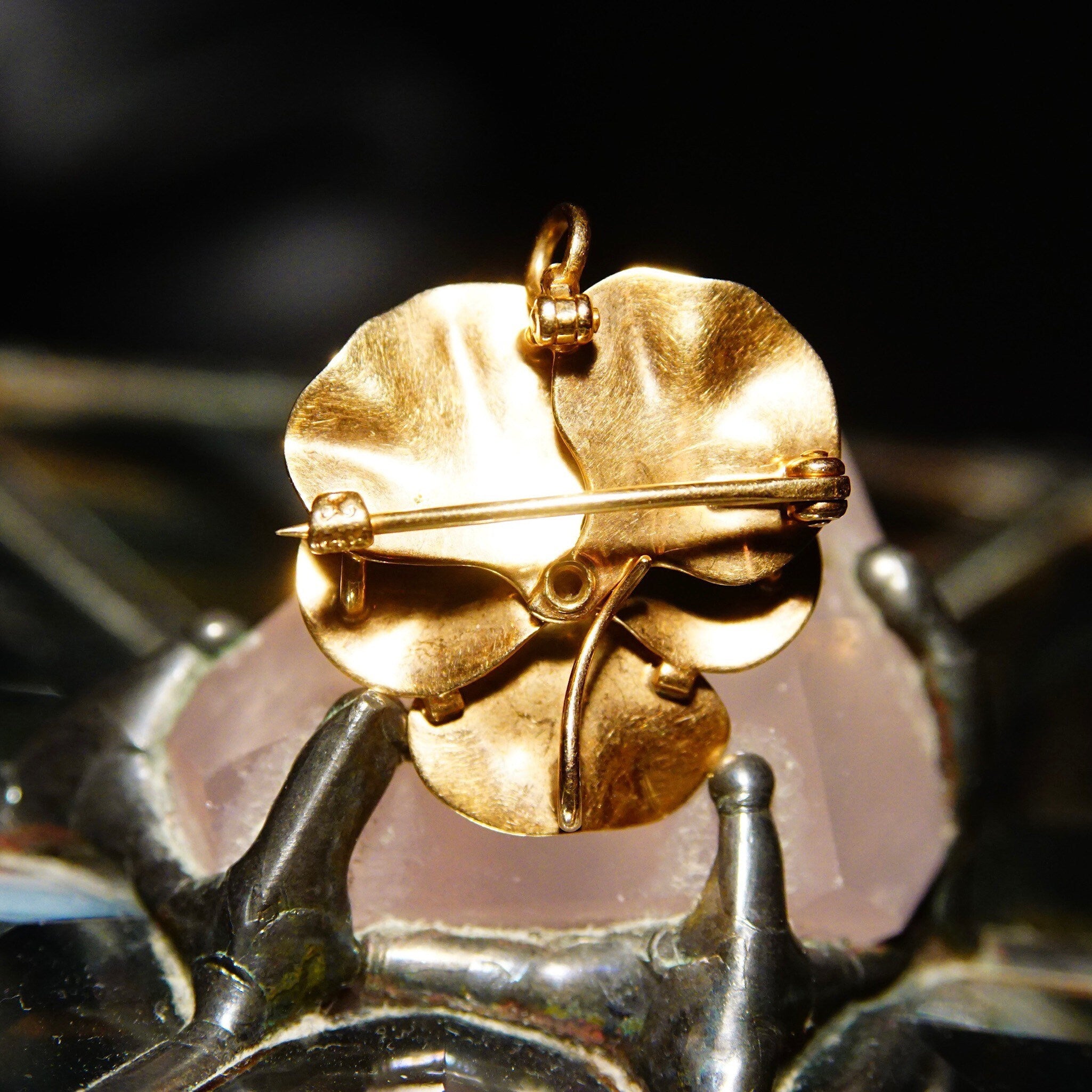 Antique 14K Rose Gold Enamel Pearl Seed Flower Brooch/Pendant, Vibrant Purple & Yellow Pansy Flower, Art Nouveau, Victorian, 1 L
