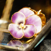 Antique 14K Rose Gold Enamel Pearl Seed Flower Brooch/Pendant, Vibrant Purple & Yellow Pansy Flower, Art Nouveau, Victorian, 1 L