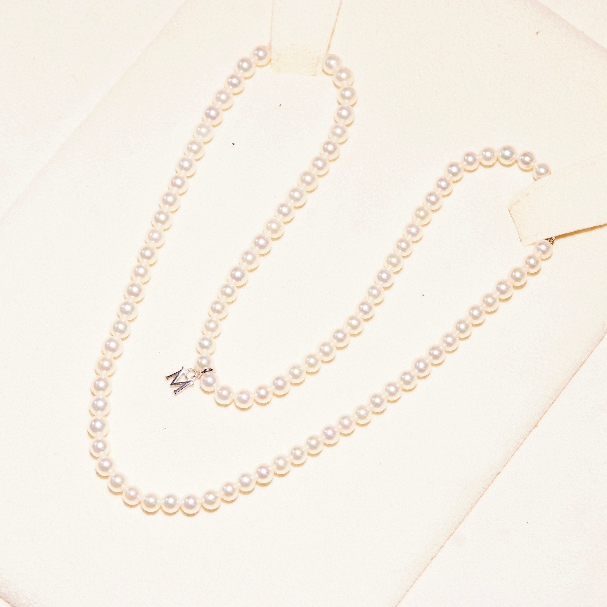 Vintage Mikimoto Cultured Pearl Necklace With 18K White Gold Charm & Clasp In Original Box, 4.5mm Pearls, Japanese Designer, 16.5" Long