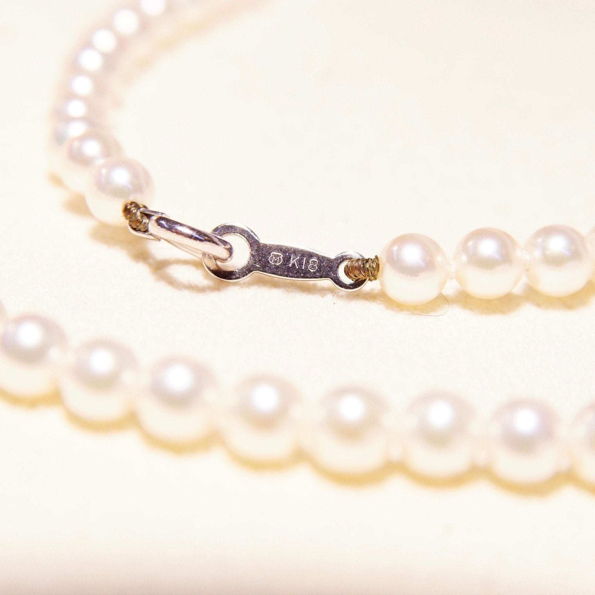 Vintage Mikimoto Cultured Pearl Necklace With 18K White Gold Charm & Clasp In Original Box, 4.5mm Pearls, Japanese Designer, 16.5" Long