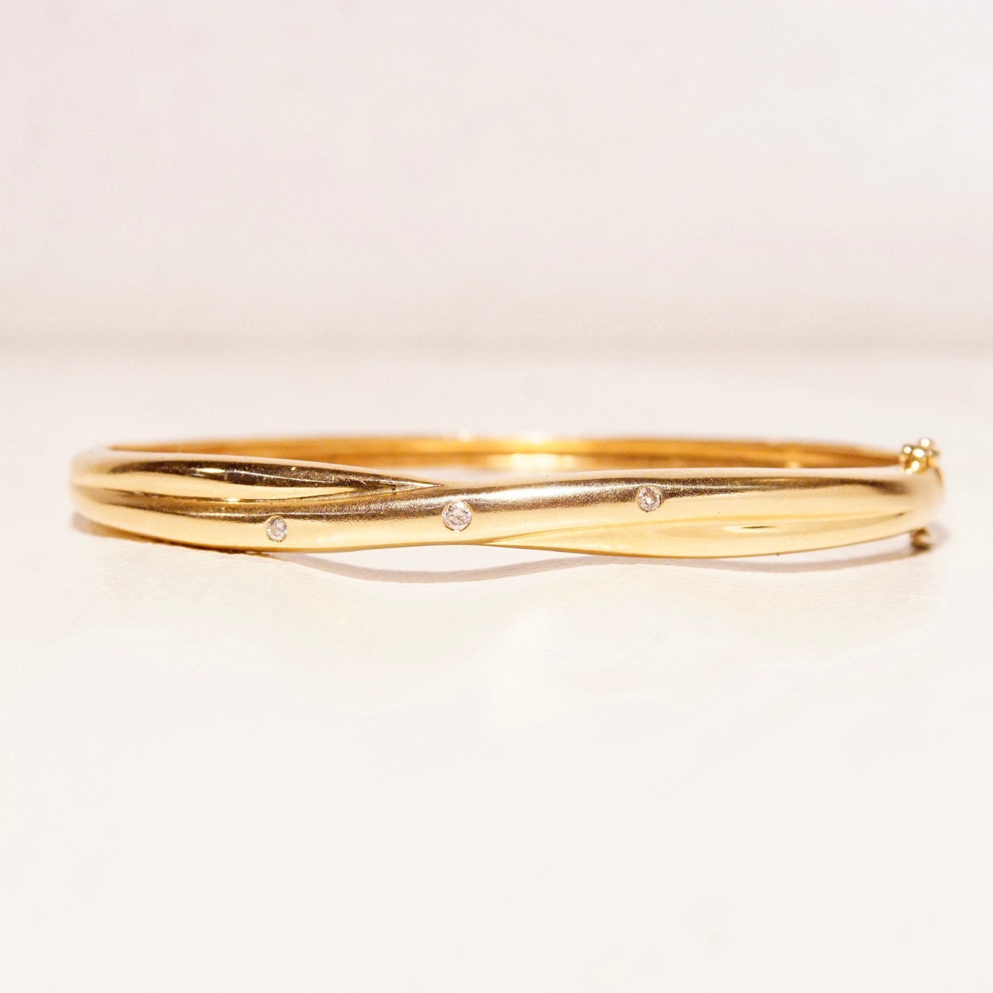 Vintage 14K Gold Diamond Bangle Bracelet, Yellow Gold Criss Cross Bangle With Accent Diamonds, .06 CT Brilliant Diamonds, 6 1/4" L