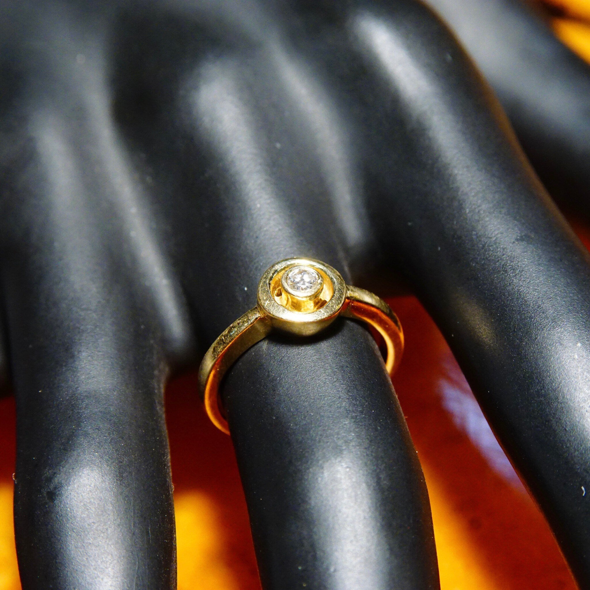 Vintage Minimalist 14K Yellow Gold Diamond Halo Ring, Solitaire Diamond Ring, .125 CT Brilliant Diamond, Stackable Gold Ring, Size 4 3/4 US