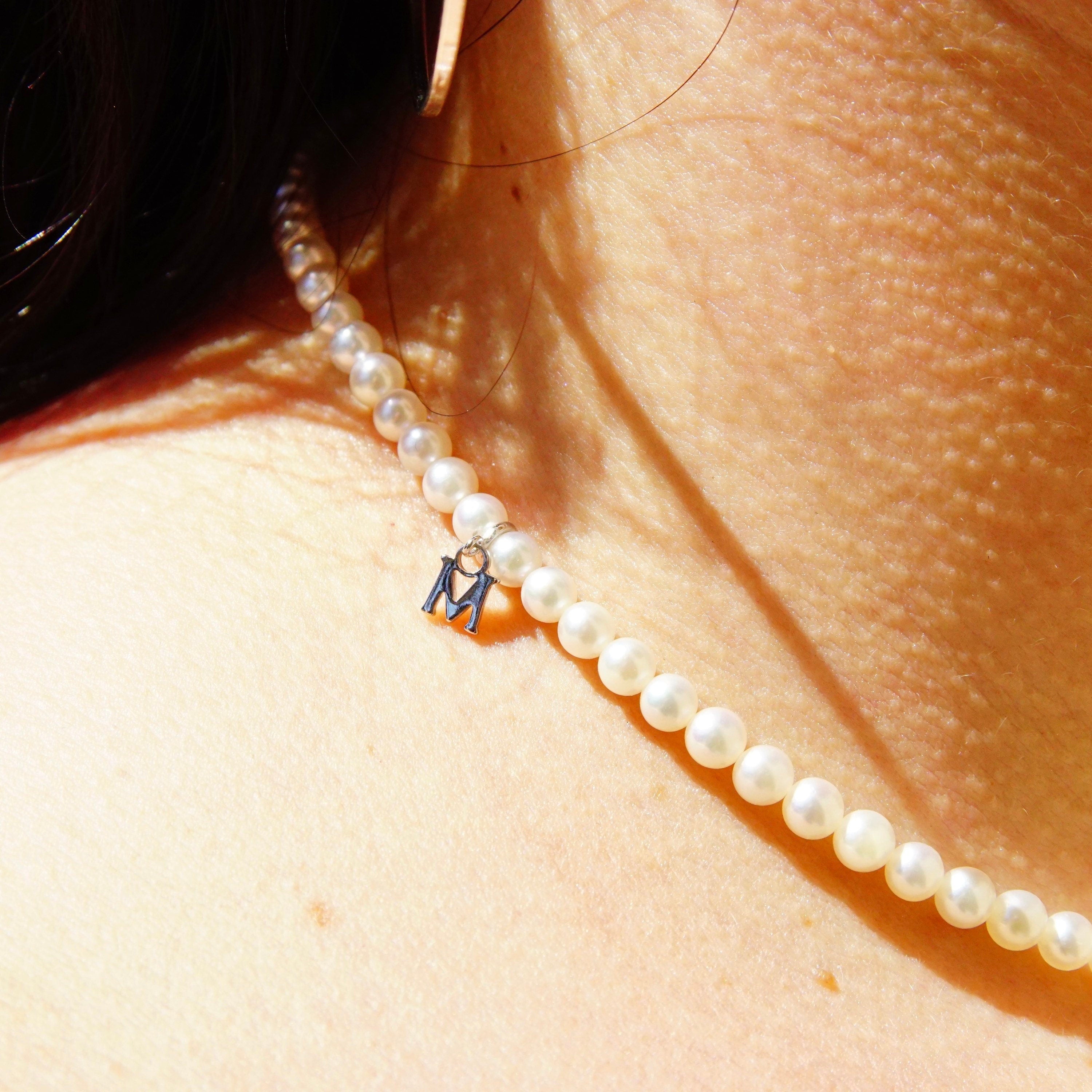 Vintage Mikimoto Cultured Pearl Necklace With 18K White Gold Charm & Clasp In Original Box, 4.5mm Pearls, Japanese Designer, 16.5" Long