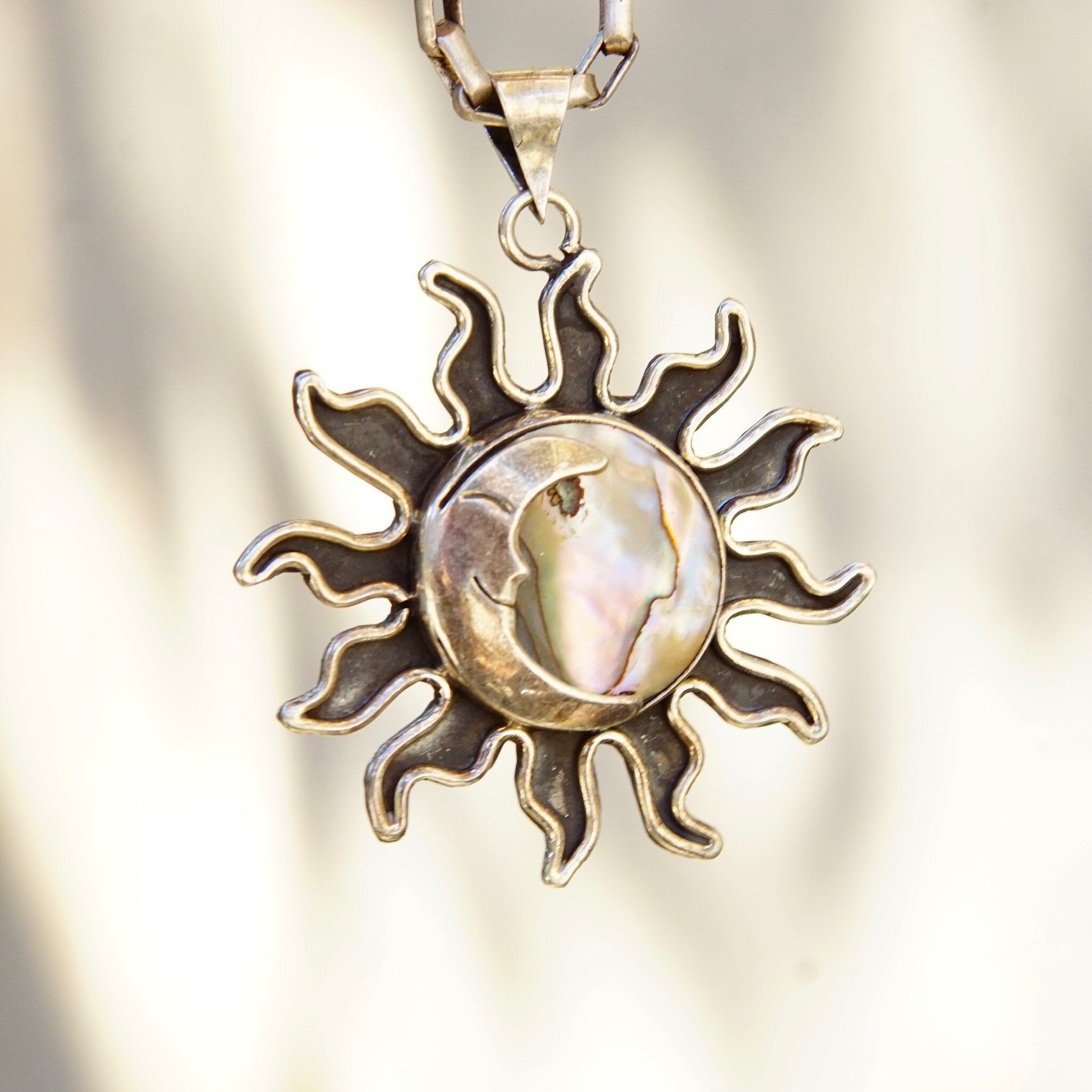 Vintage Sterling Silver Abalone Sun & Moon Pendant, Oxidized Silver Sun Pendant, Iridescent Shell With Silver Moon Overlay, Mexico 925