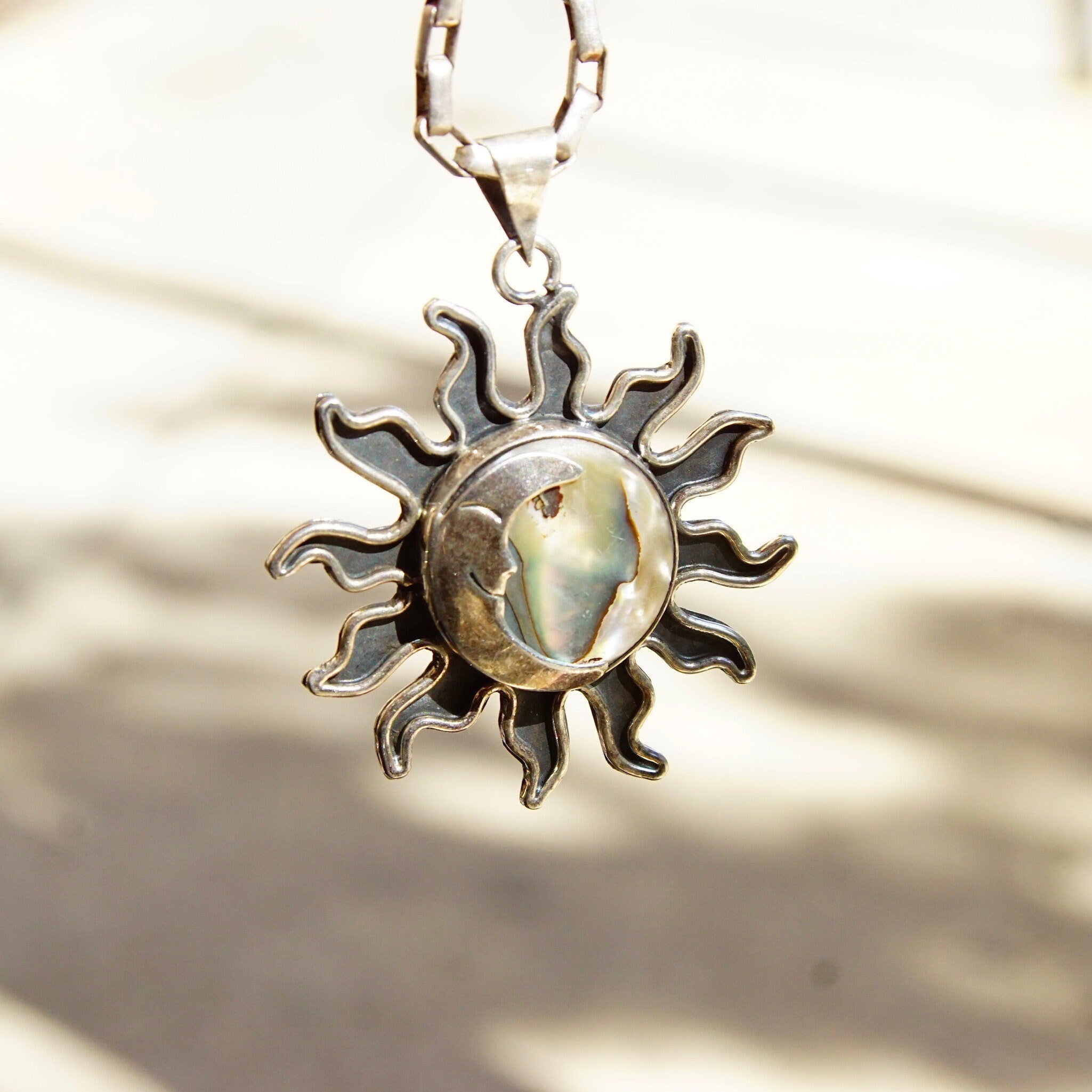Vintage Sterling Silver Abalone Sun & Moon Pendant, Oxidized Silver Sun Pendant, Iridescent Shell With Silver Moon Overlay, Mexico 925