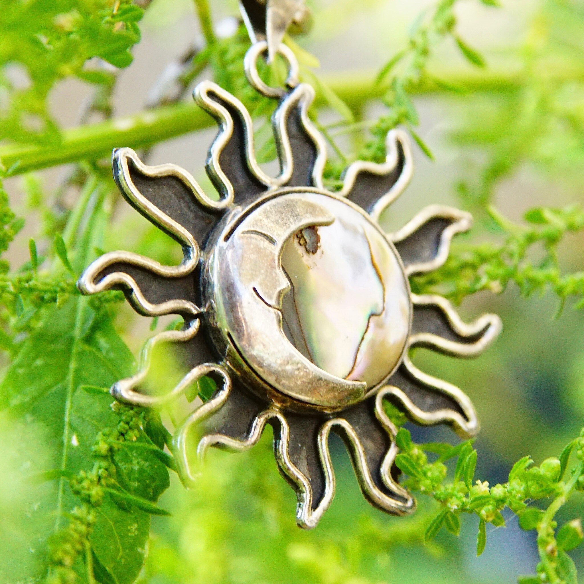 Vintage Sterling Silver Abalone Sun & Moon Pendant, Oxidized Silver Sun Pendant, Iridescent Shell With Silver Moon Overlay, Mexico 925