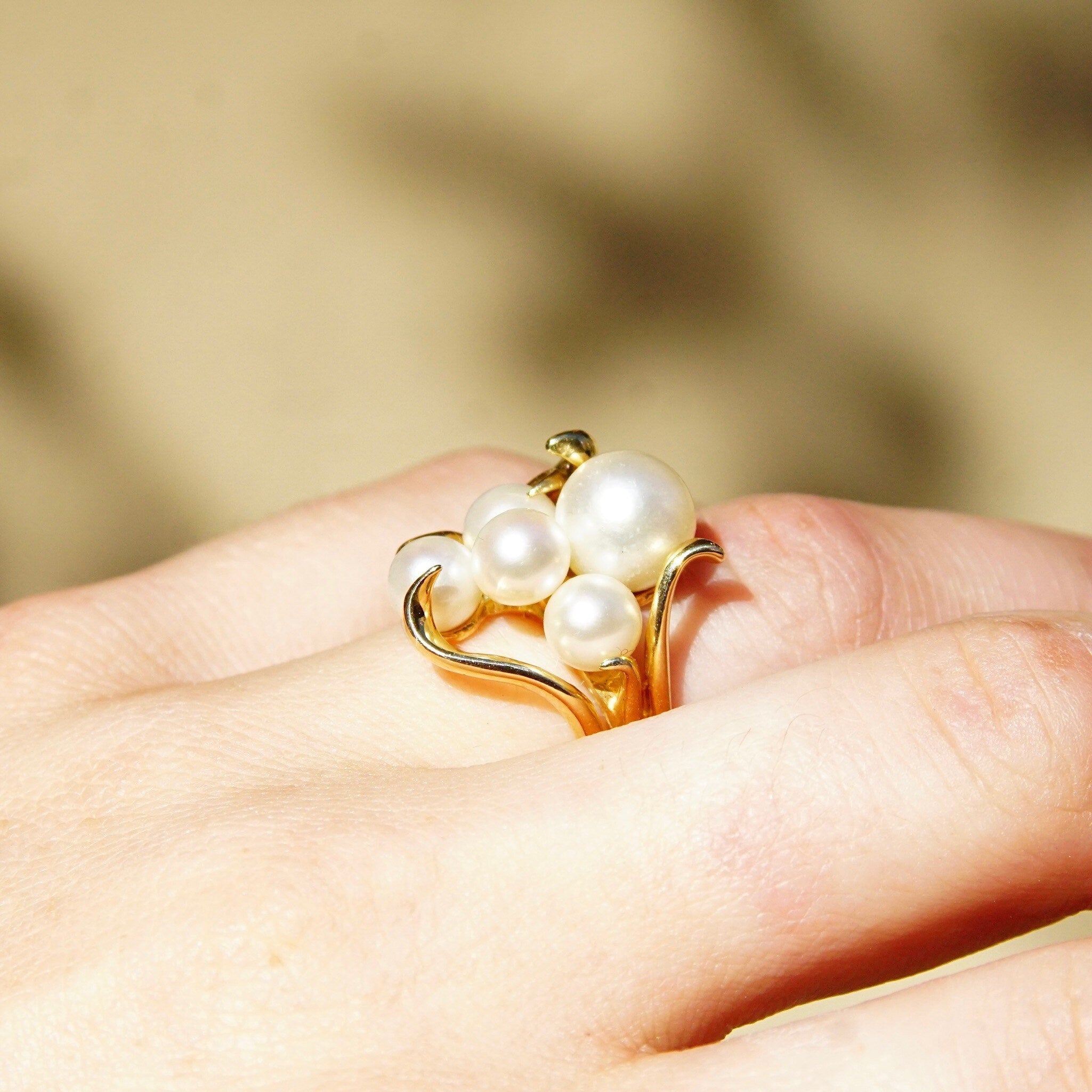 Vintage 14K Yellow Gold Pearl Cluster Ring, 5 Iridescent Pearls In Ornate Gold Setting, Art Deco/Nouveau, Hallmarked Lebold, Size 6 3/4 US
