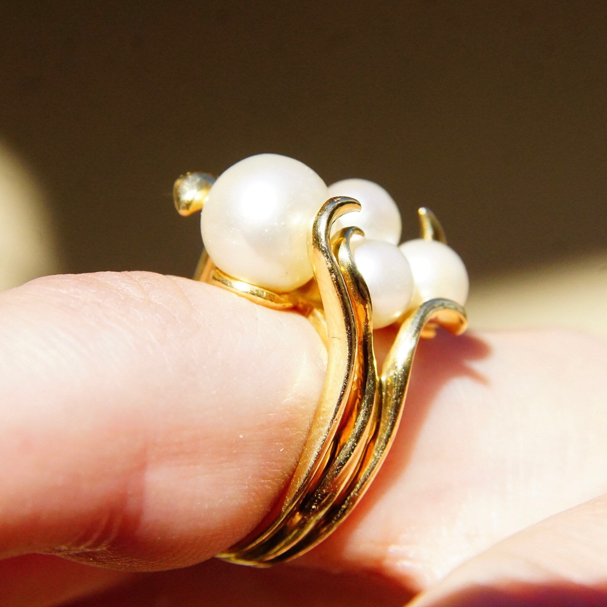 Vintage 14K Yellow Gold Pearl Cluster Ring, 5 Iridescent Pearls In Ornate Gold Setting, Art Deco/Nouveau, Hallmarked Lebold, Size 6 3/4 US