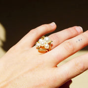 Vintage 14K Yellow Gold Pearl Cluster Ring, 5 Iridescent Pearls In Ornate Gold Setting, Art Deco/Nouveau, Hallmarked Lebold, Size 6 3/4 US