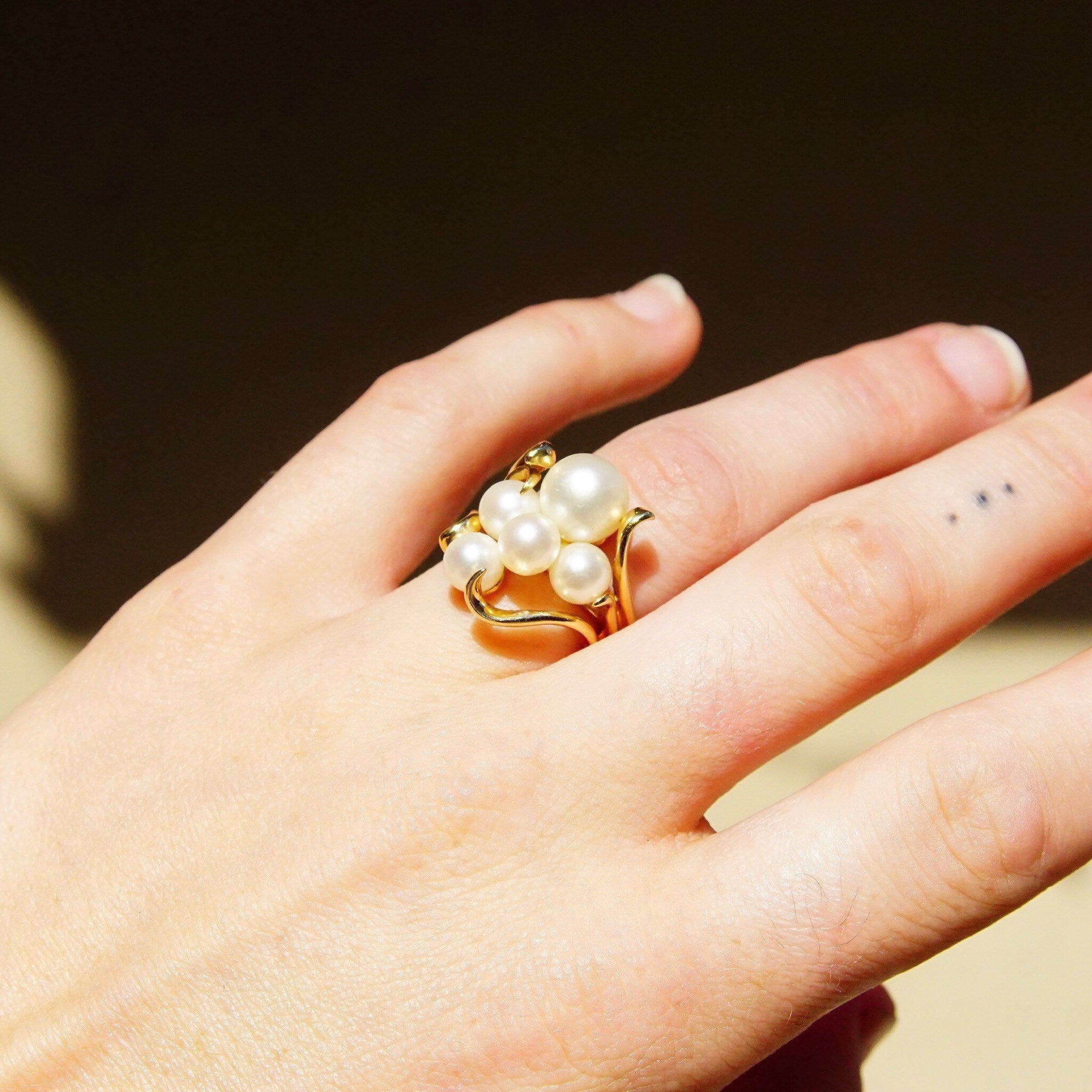 Vintage 14K Yellow Gold Pearl Cluster Ring, 5 Iridescent Pearls In Ornate Gold Setting, Art Deco/Nouveau, Hallmarked Lebold, Size 6 3/4 US