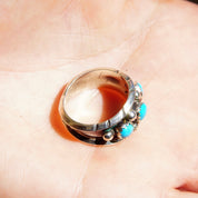 Vintage Signed ML Sterling Silver 3-Stone Turquoise Ring, Accent Silver Drops, Oxidized/Hammered Details, Native American, Size 8 1/4 US
