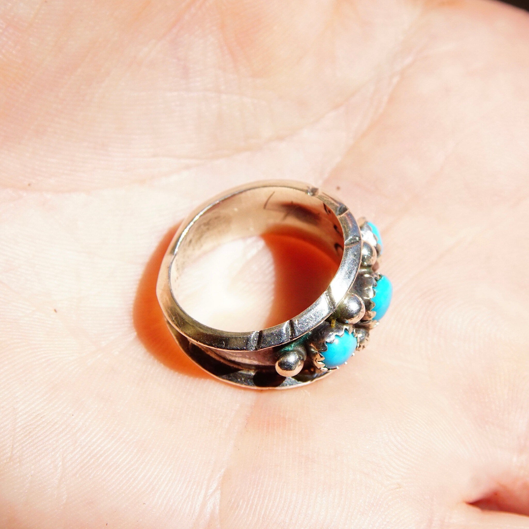 Vintage Signed ML Sterling Silver 3-Stone Turquoise Ring, Accent Silver Drops, Oxidized/Hammered Details, Native American, Size 8 1/4 US