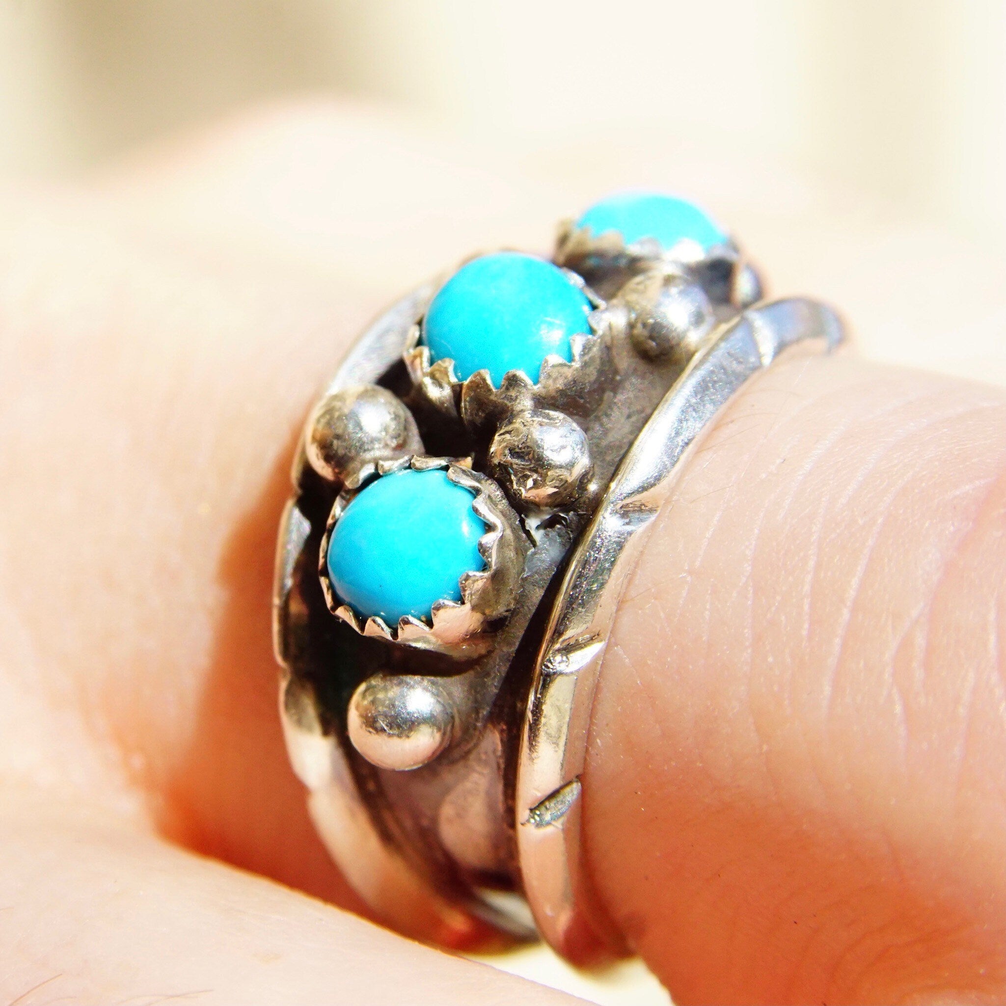 Vintage Signed ML Sterling Silver 3-Stone Turquoise Ring, Accent Silver Drops, Oxidized/Hammered Details, Native American, Size 8 1/4 US
