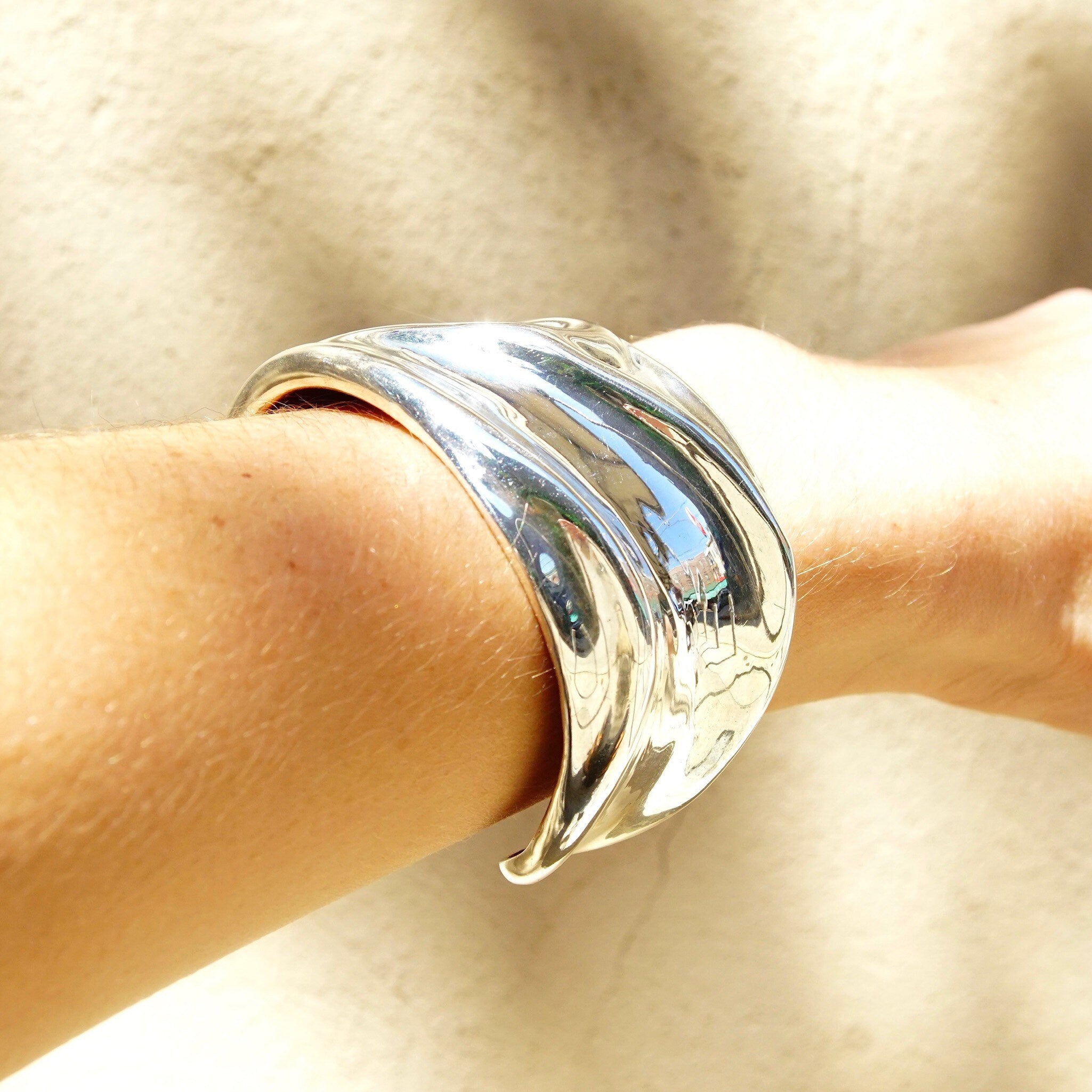 Vintage Charles Kyprell Modernist Sterling Silver Sculptural Cuff Bracelet, Shiny Silver Ripple/Wave Cuff, Wide Cuff Bracelet, 5 3/4" L