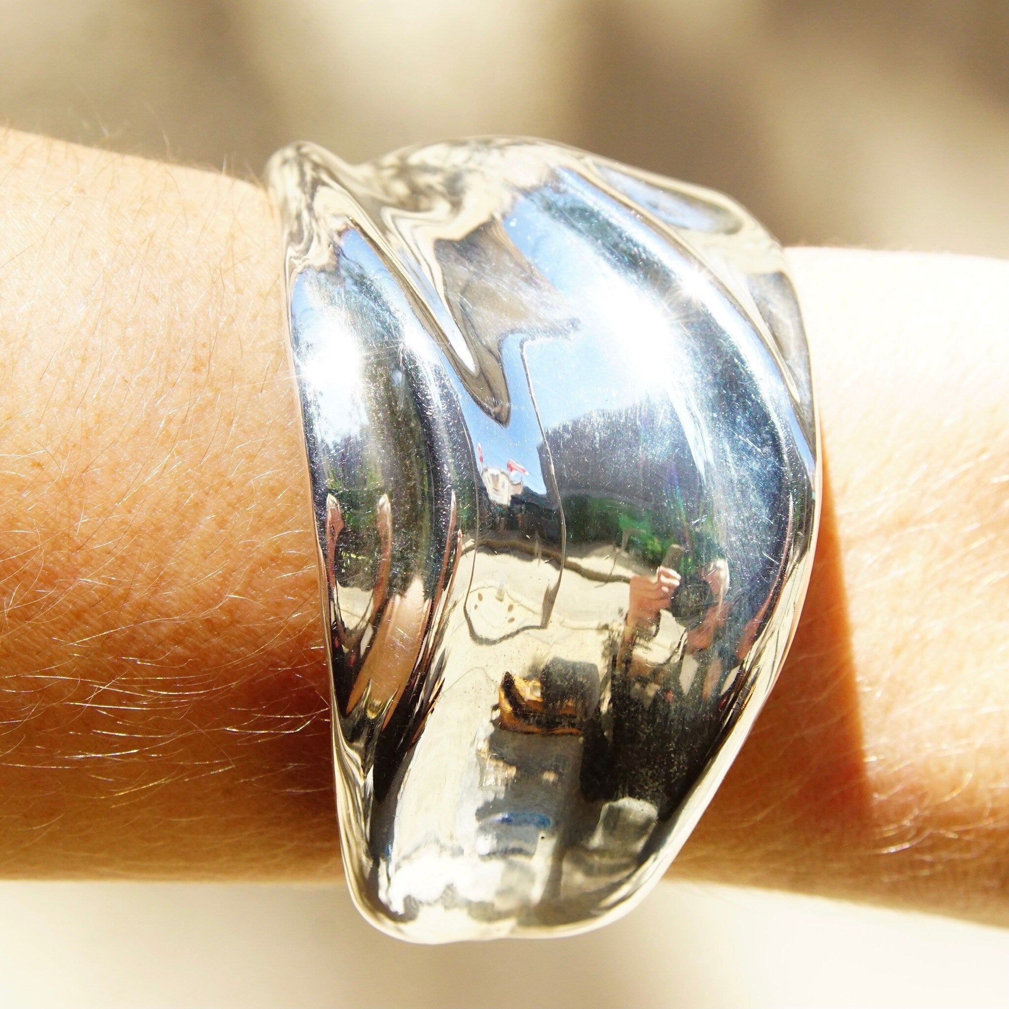 Vintage Charles Kyprell Modernist Sterling Silver Sculptural Cuff Bracelet, Shiny Silver Ripple/Wave Cuff, Wide Cuff Bracelet, 5 3/4" L