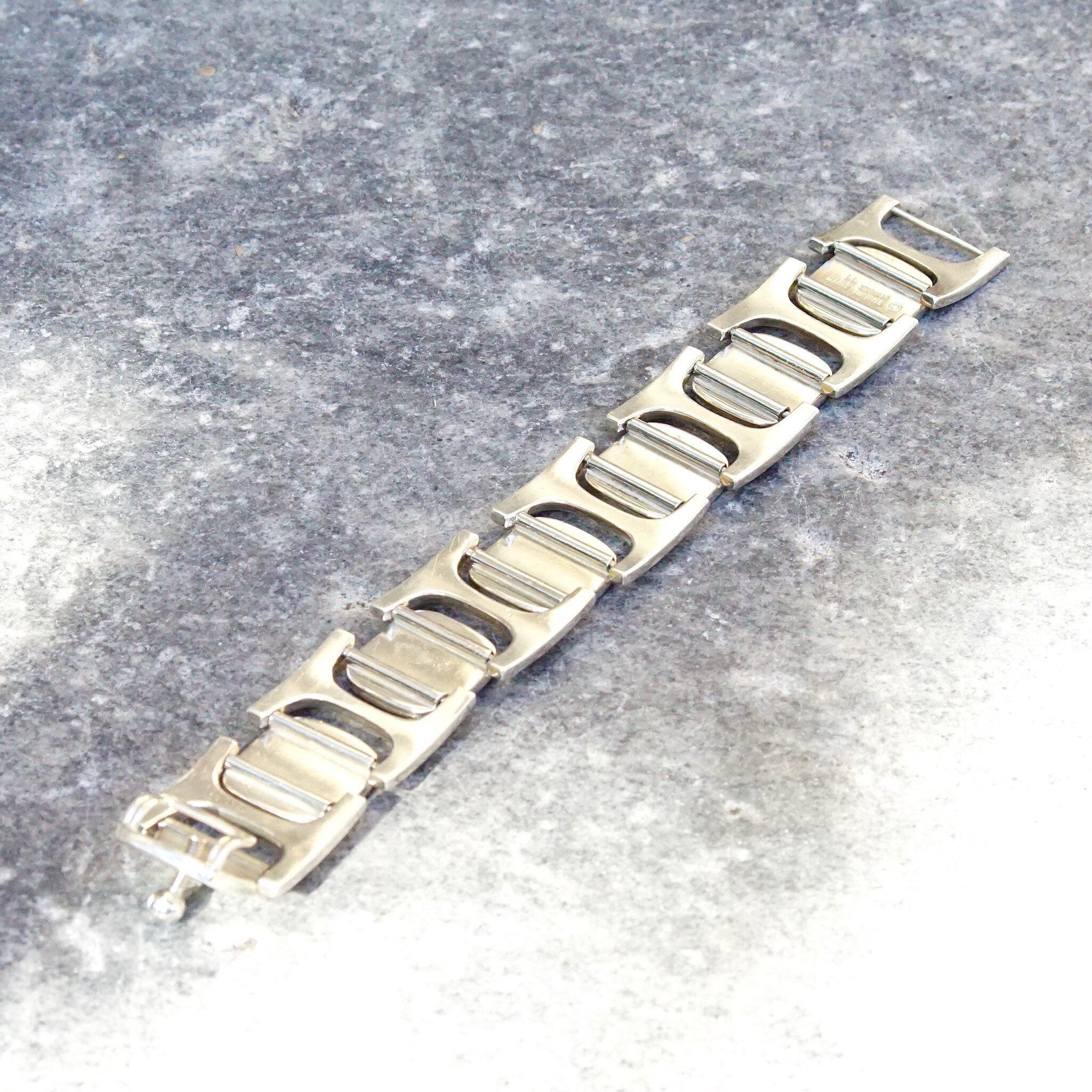 Vintage Signed Bent Knudsen Denmark Sterling Silver Bracelet No. 77, Heavy Silver Link Bracelet, Modernist Scandinavian Jewelry, 7" Long