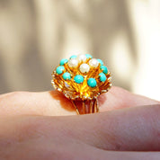 14K Turquoise Seed Pearl Bombe Ring, Gemstone Flower Cluster Cocktail Ring, Size 6 3/4 US