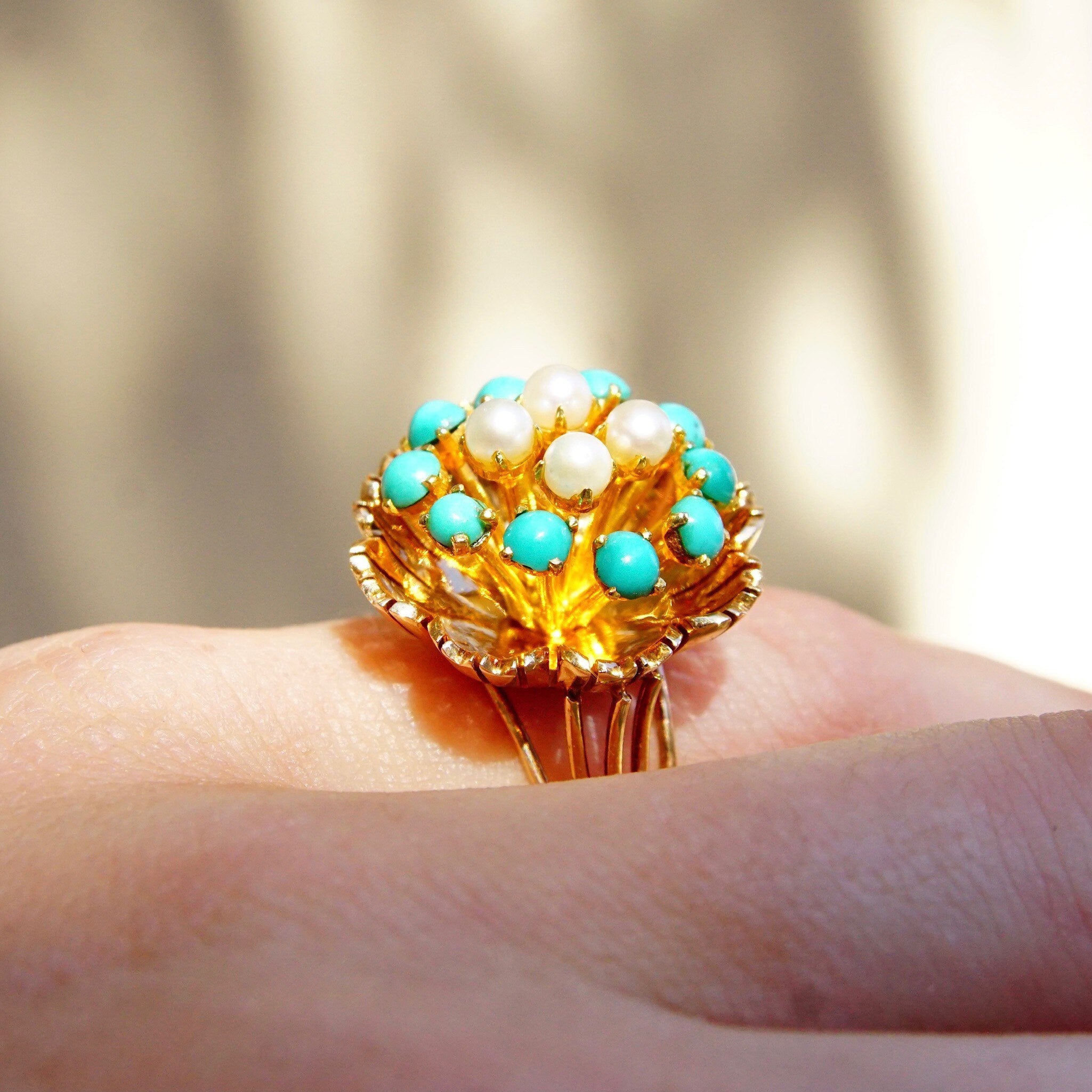 14K Turquoise Seed Pearl Bombe Ring, Gemstone Flower Cluster Cocktail Ring, Size 6 3/4 US