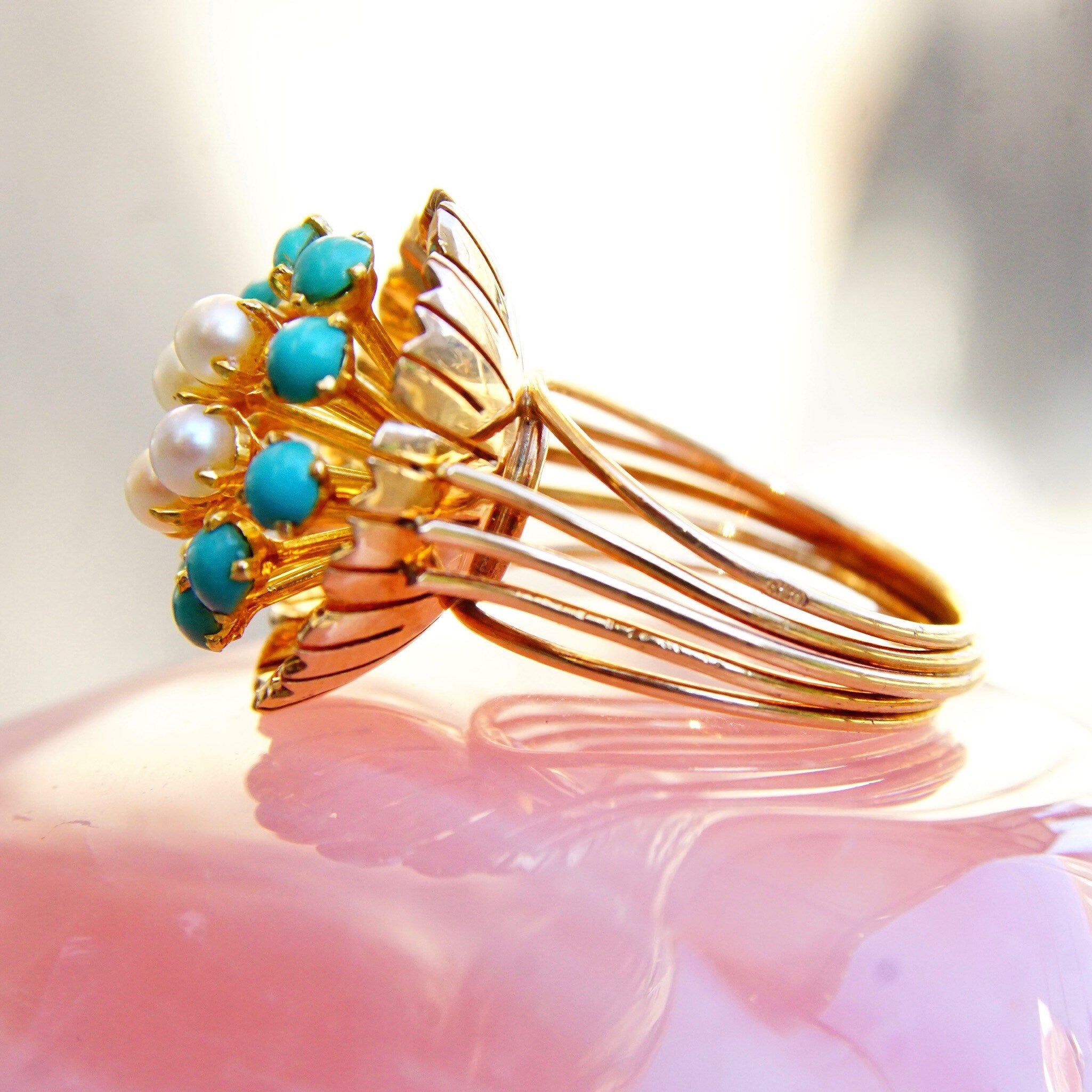 14K Turquoise Seed Pearl Bombe Ring, Gemstone Flower Cluster Cocktail Ring, Size 6 3/4 US