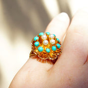 14K Turquoise Seed Pearl Bombe Ring, Gemstone Flower Cluster Cocktail Ring, Size 6 3/4 US