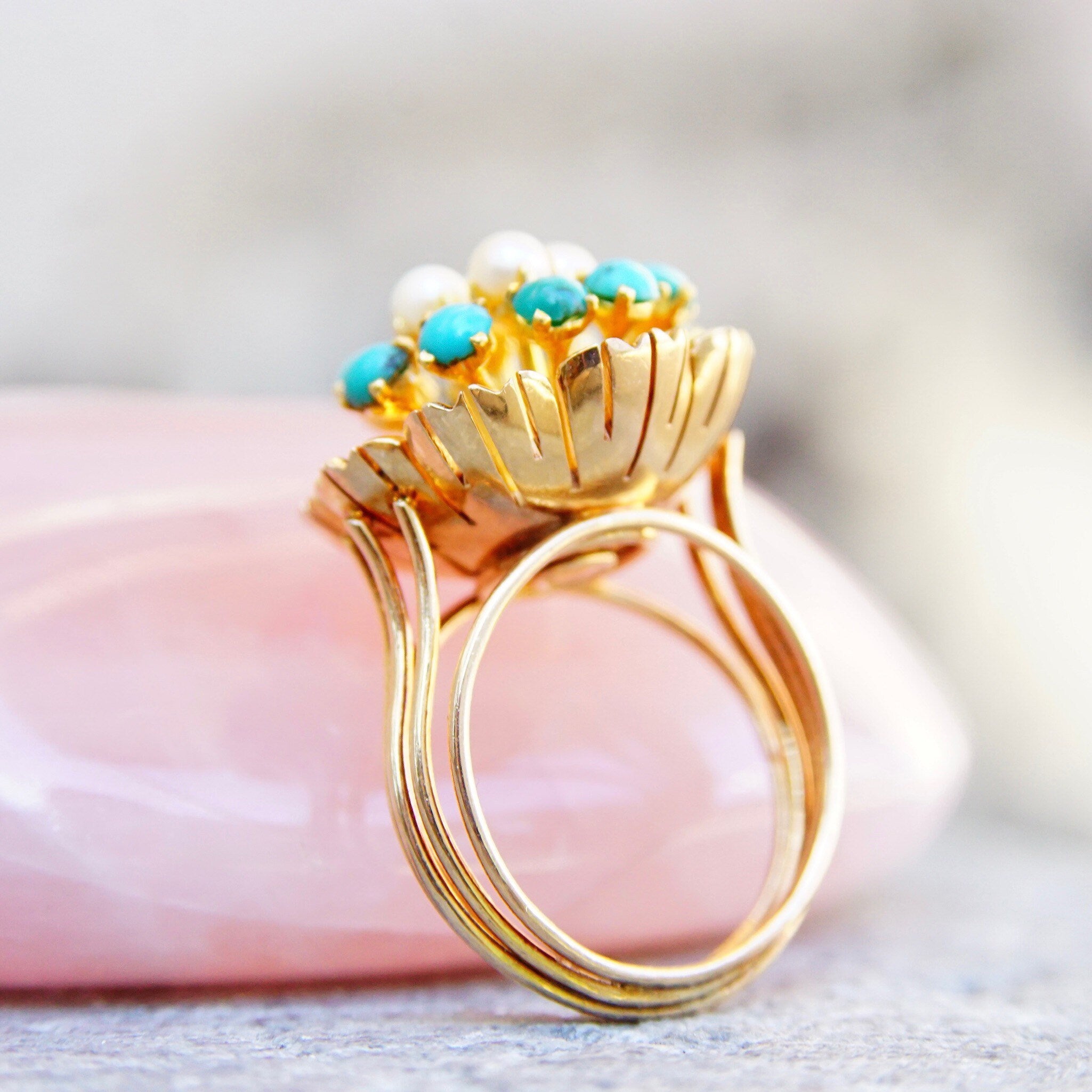 14K Turquoise Seed Pearl Bombe Ring, Gemstone Flower Cluster Cocktail Ring, Size 6 3/4 US