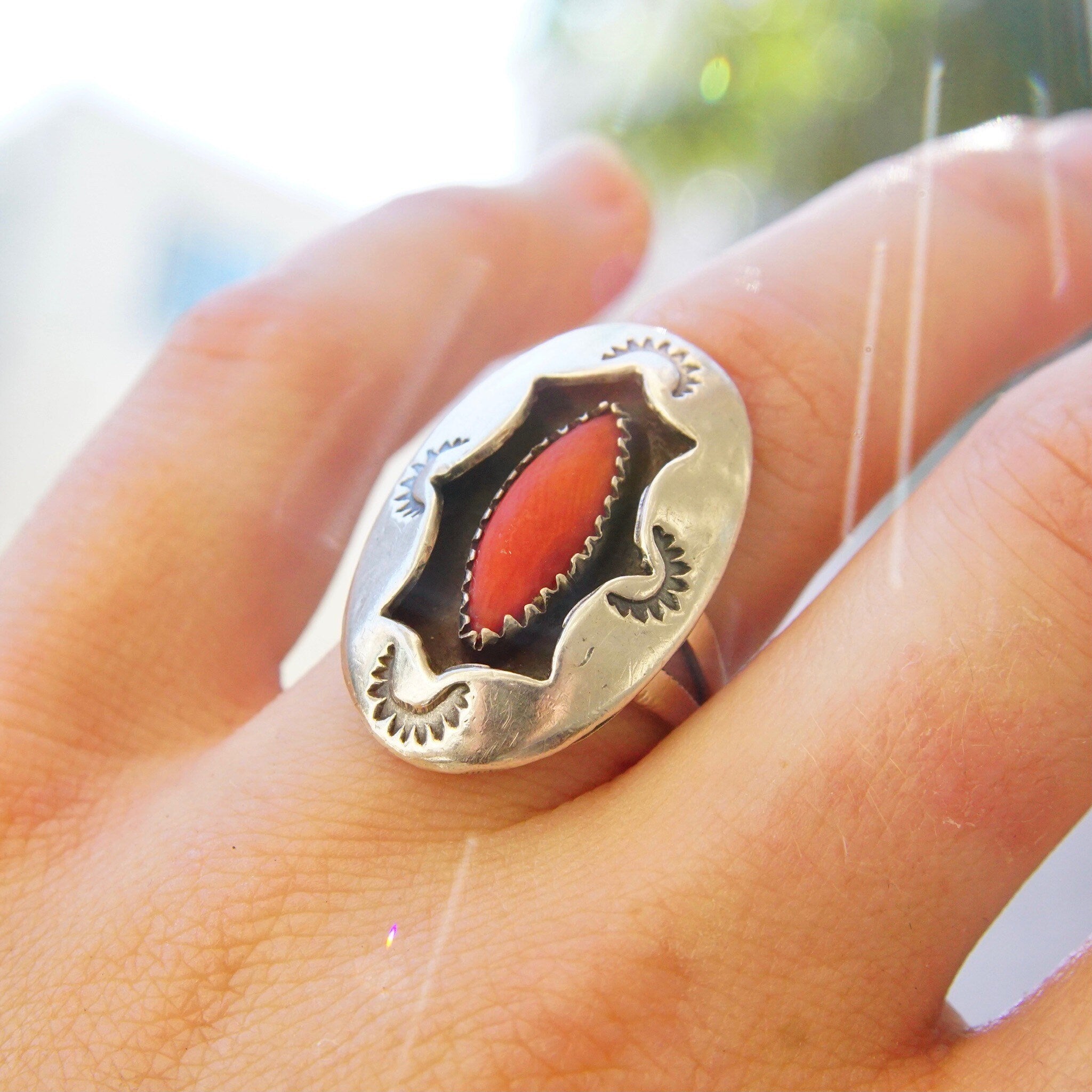 Vintage Native American Silver & Red Coral Ring, Hammered Silver Face With Oxidized Cut-Out, Marquise Gemstone In Jagged Bezel, Size 8 US