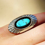 Vintage Native American Sterling Silver Turquoise Ring, Long Silver Face With Engraved Lines, Blue Turquoise Gemstone, Size 6 US