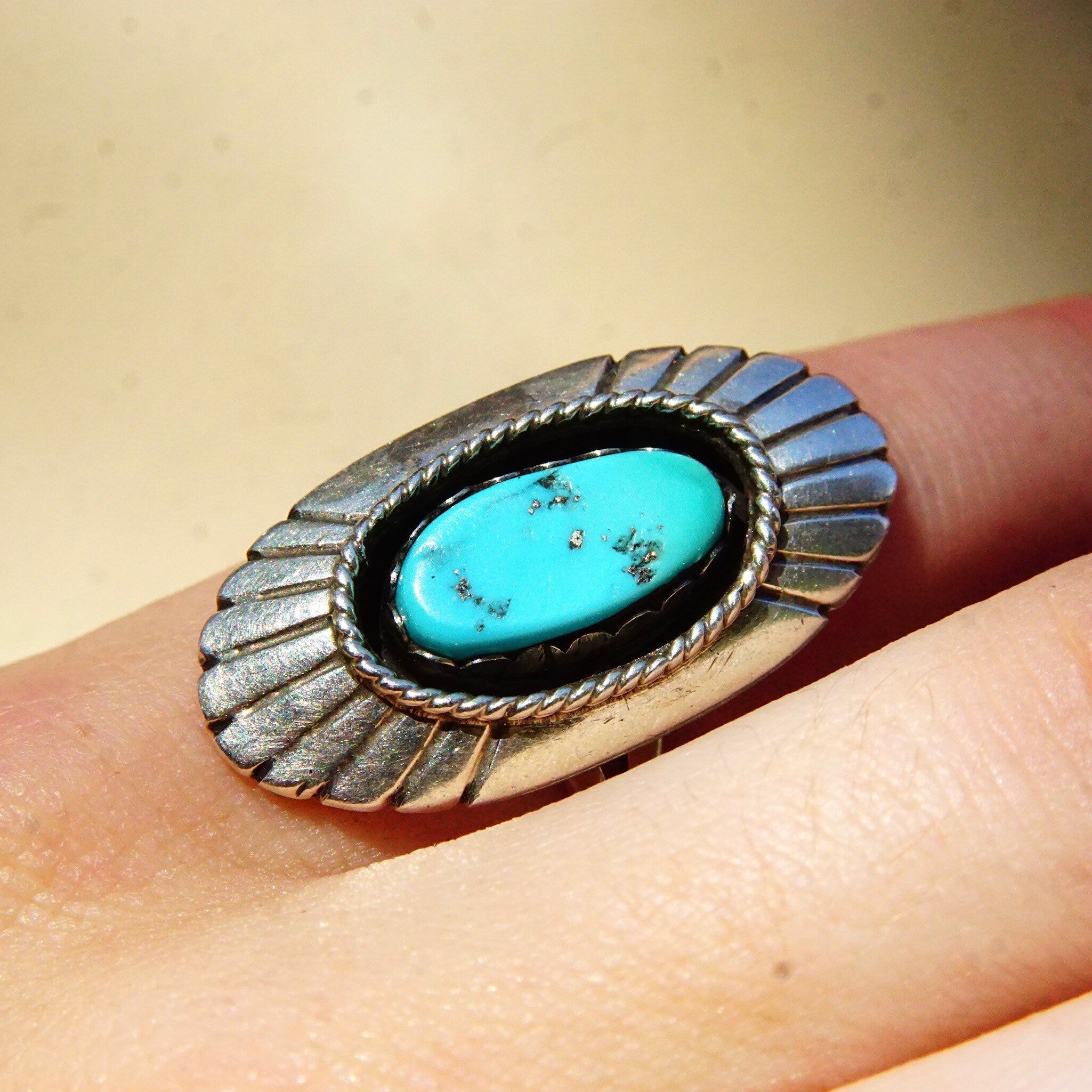 Vintage Native American Sterling Silver Turquoise Ring, Long Silver Face With Engraved Lines, Blue Turquoise Gemstone, Size 6 US