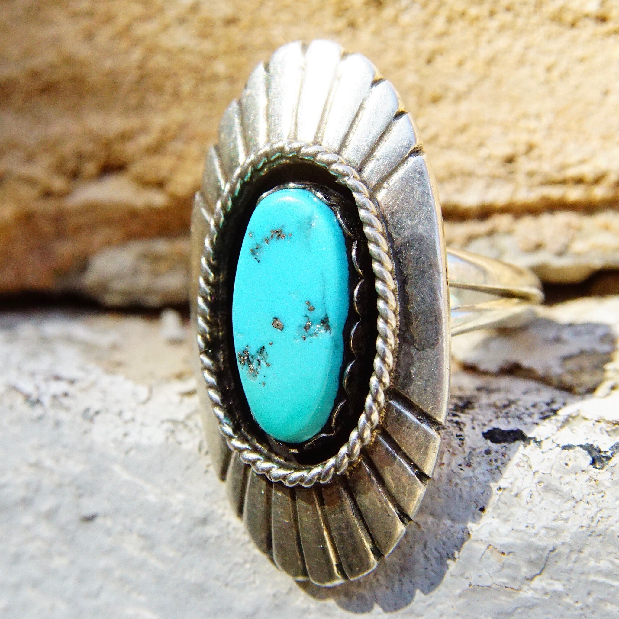 Vintage Native American Sterling Silver Turquoise Ring, Long Silver Face With Engraved Lines, Blue Turquoise Gemstone, Size 6 US
