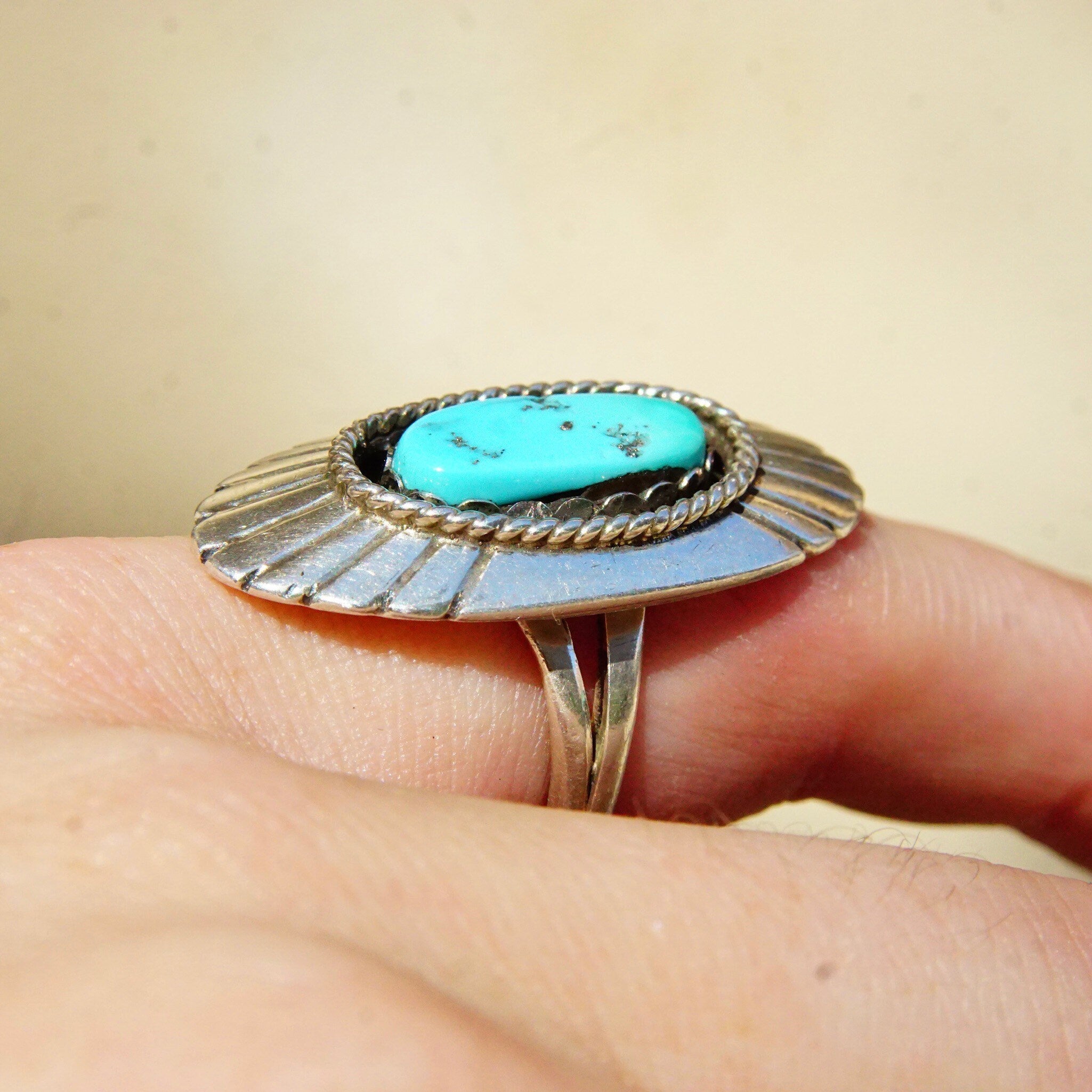 Vintage Native American Sterling Silver Turquoise Ring, Long Silver Face With Engraved Lines, Blue Turquoise Gemstone, Size 6 US
