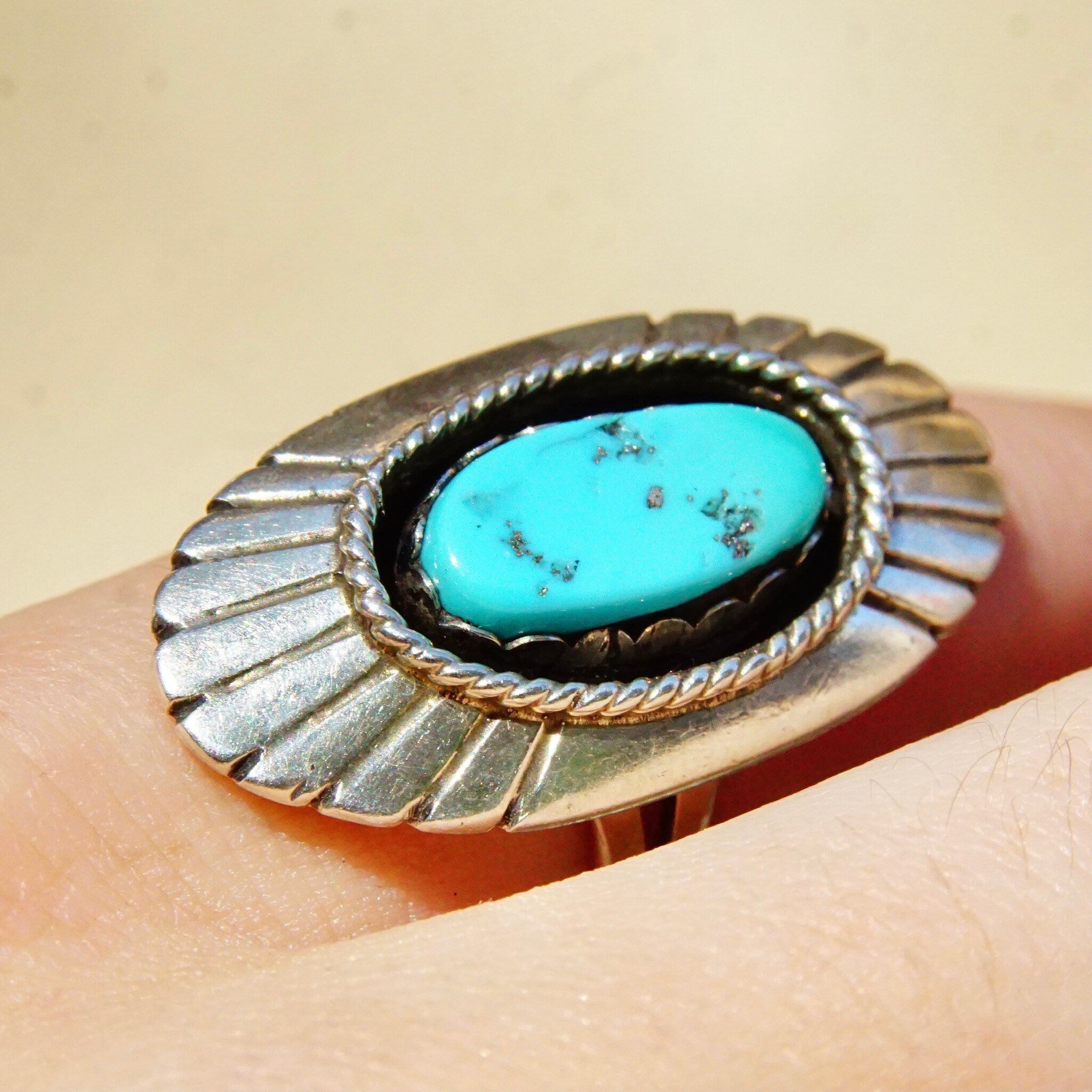 Vintage Native American Sterling Silver Turquoise Ring, Long Silver Face With Engraved Lines, Blue Turquoise Gemstone, Size 6 US