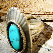 Vintage Native American Sterling Silver Turquoise Ring, Long Silver Face With Engraved Lines, Blue Turquoise Gemstone, Size 6 US
