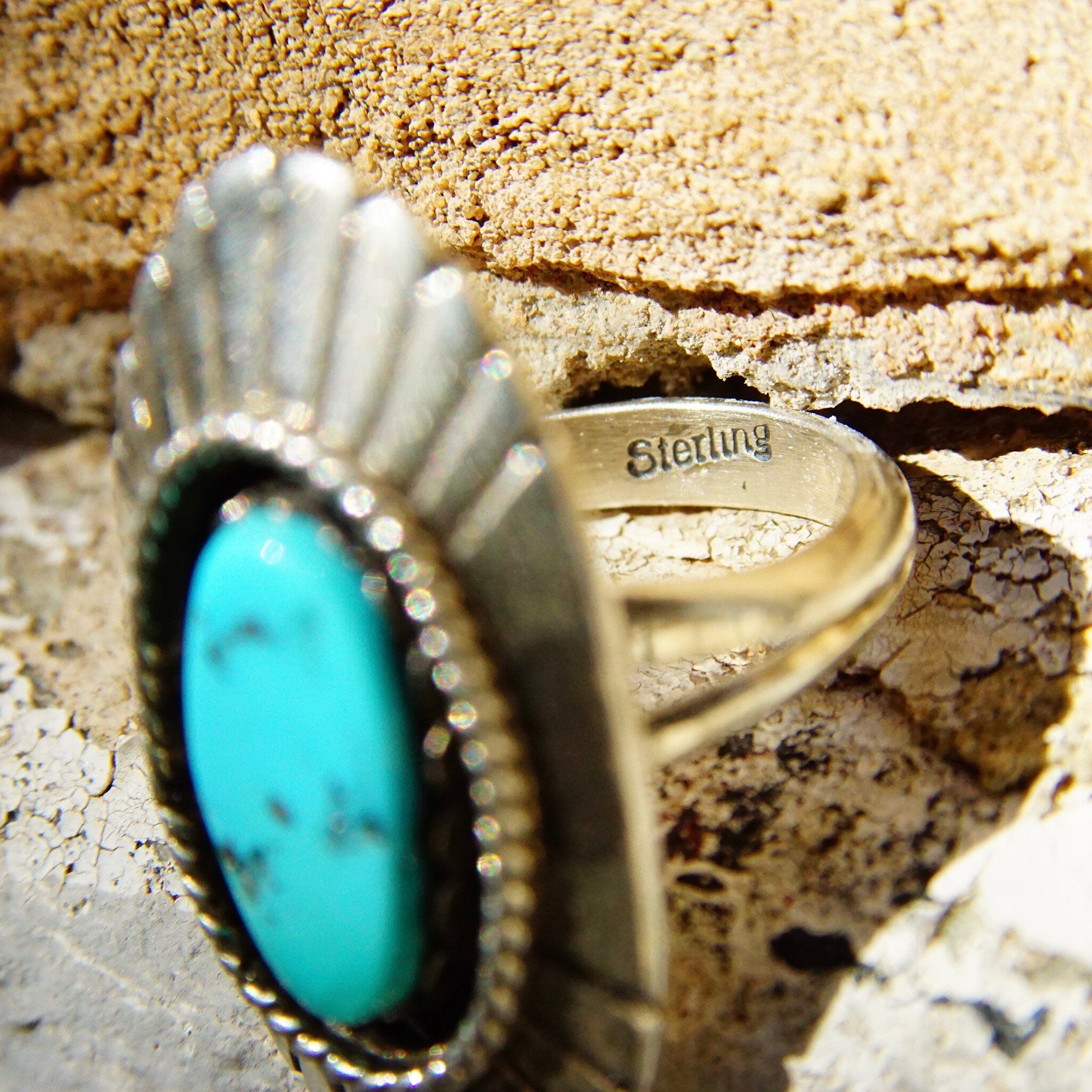 Vintage Native American Sterling Silver Turquoise Ring, Long Silver Face With Engraved Lines, Blue Turquoise Gemstone, Size 6 US