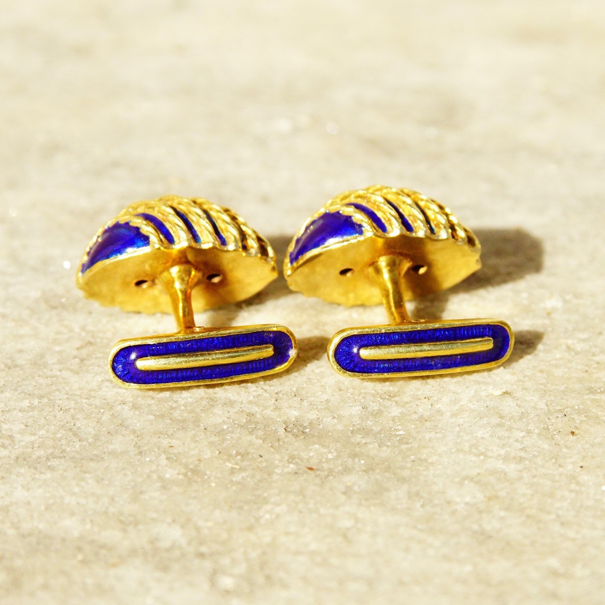 Vintage Cartier Style 18K Yellow Gold Blue Enamel Olive Cufflinks, Heavy Gold Cufflinks W/ Woven Details & Enameled Toggle, 22mm x 15mm