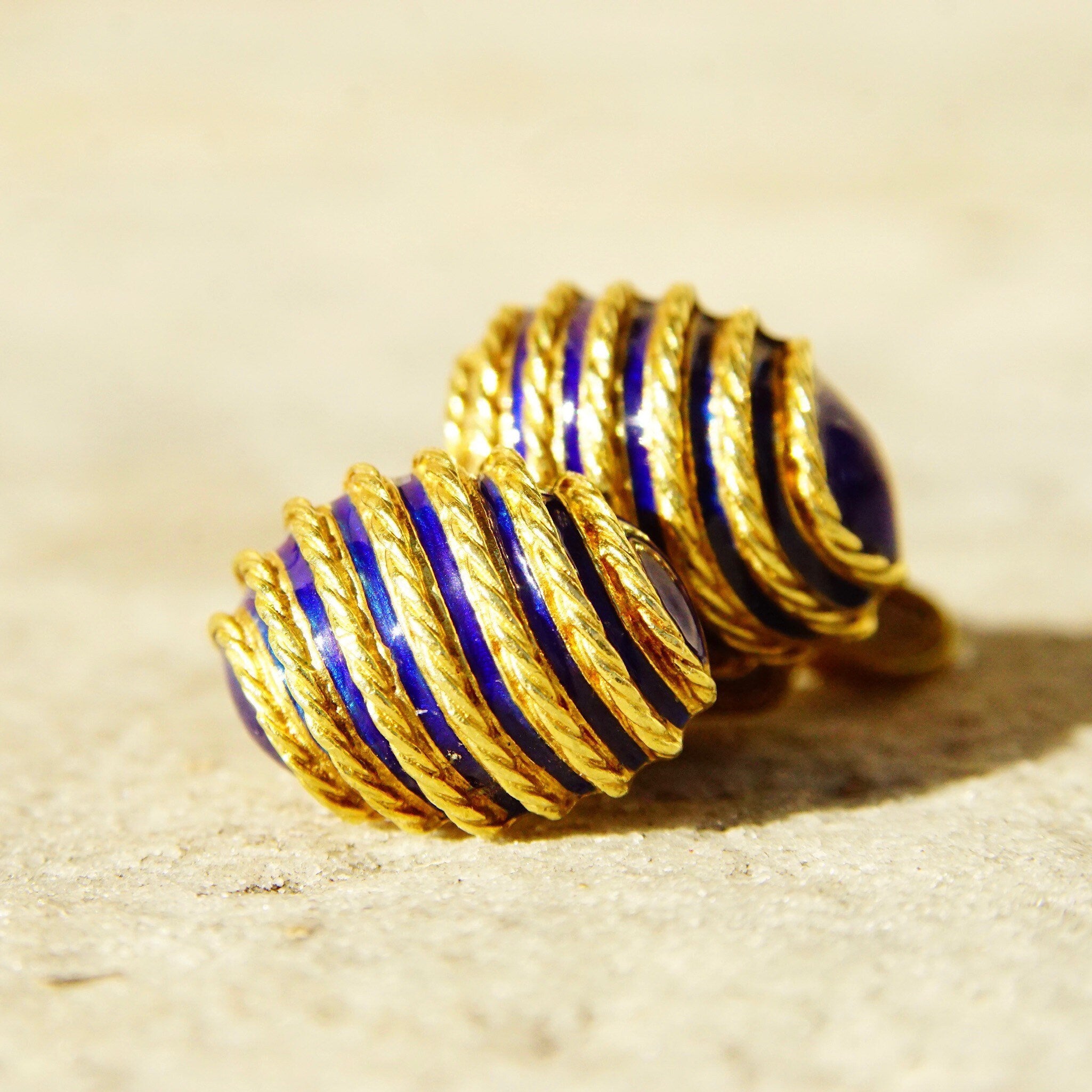 Vintage Cartier Style 18K Yellow Gold Blue Enamel Olive Cufflinks, Heavy Gold Cufflinks W/ Woven Details & Enameled Toggle, 22mm x 15mm