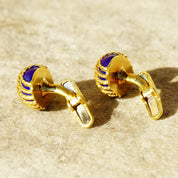 Vintage Cartier Style 18K Yellow Gold Blue Enamel Olive Cufflinks, Heavy Gold Cufflinks W/ Woven Details & Enameled Toggle, 22mm x 15mm