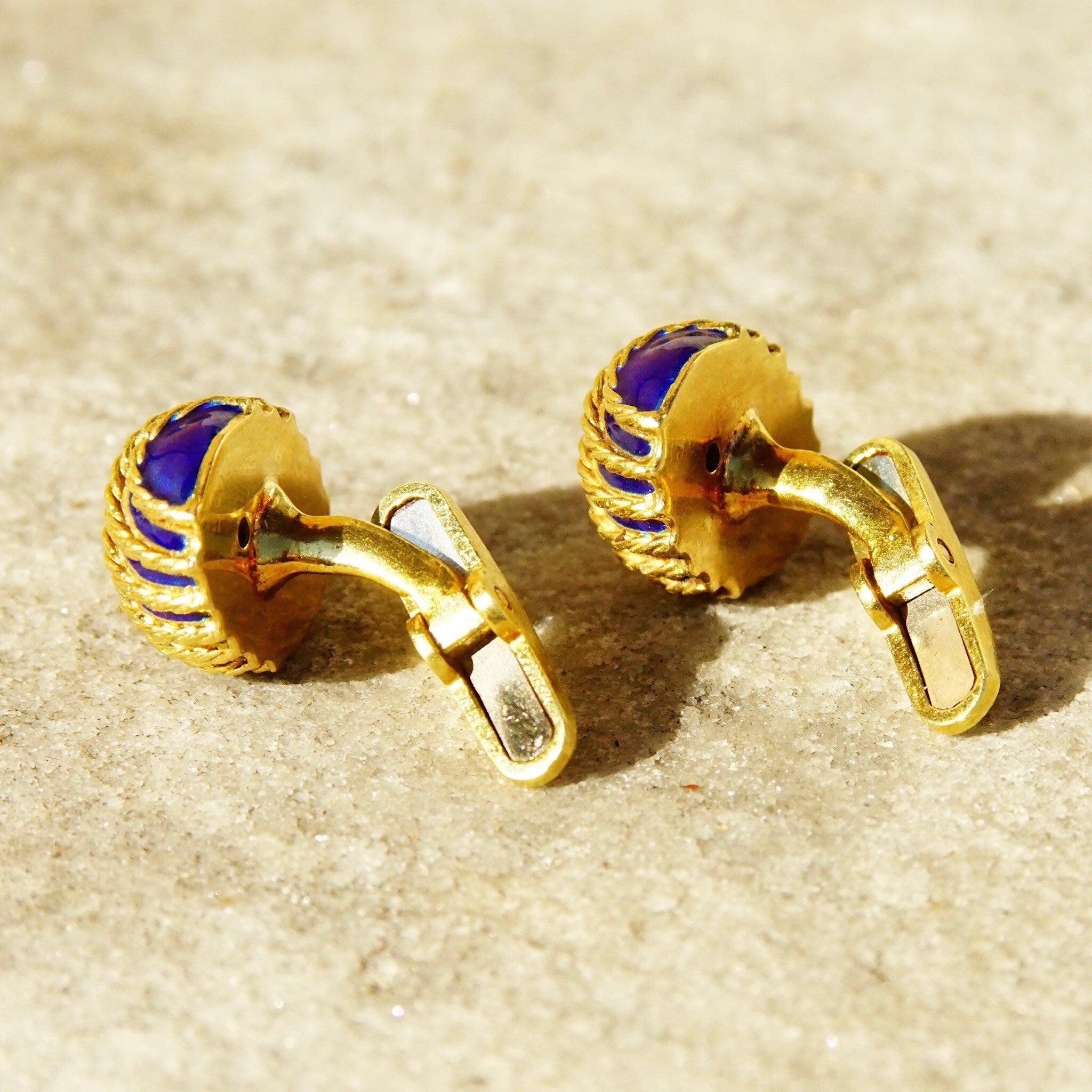 Vintage Cartier Style 18K Yellow Gold Blue Enamel Olive Cufflinks, Heavy Gold Cufflinks W/ Woven Details & Enameled Toggle, 22mm x 15mm