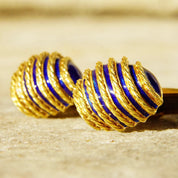 Vintage Cartier Style 18K Yellow Gold Blue Enamel Olive Cufflinks, Heavy Gold Cufflinks W/ Woven Details & Enameled Toggle, 22mm x 15mm